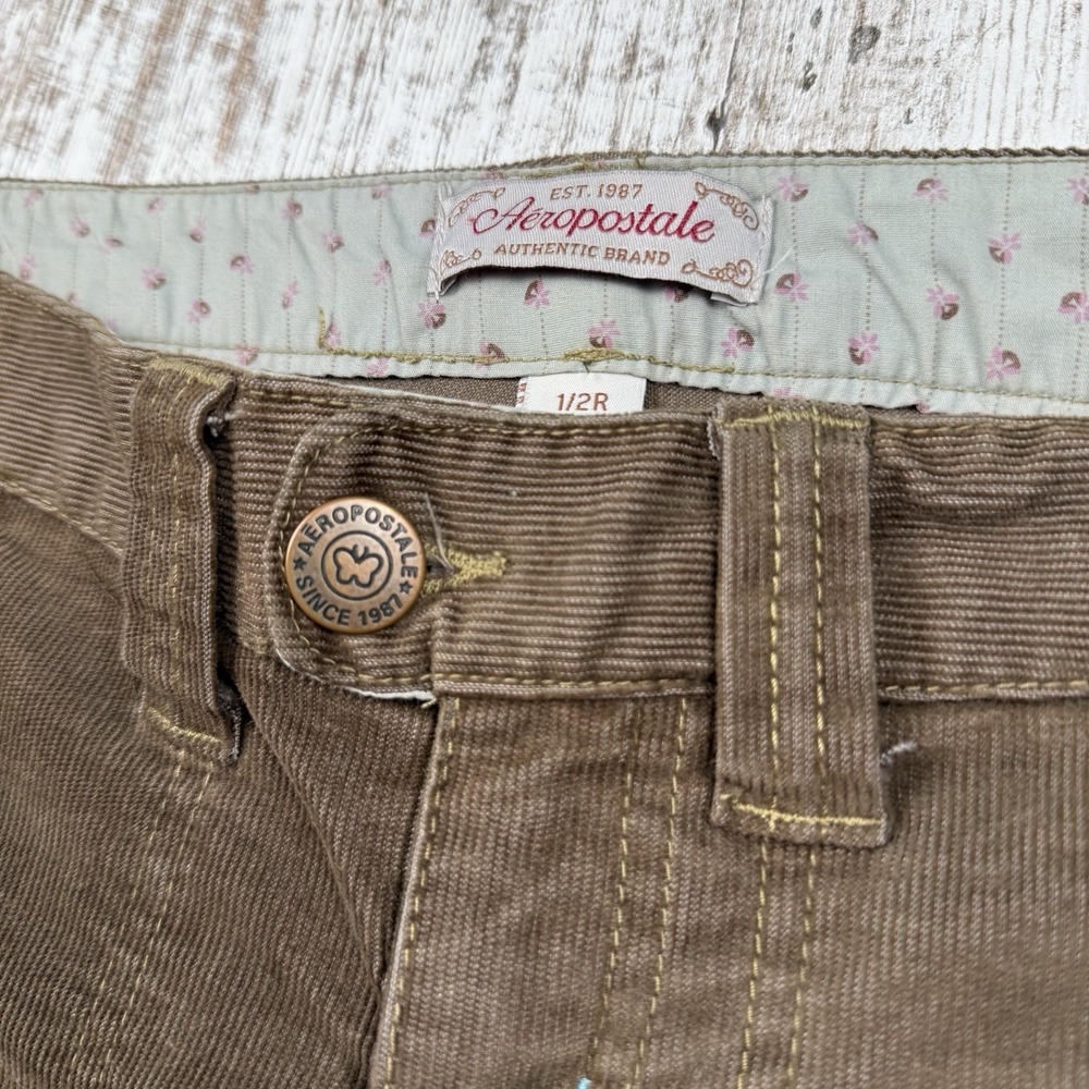 Y2K Aeropostale Brown Corduroy Pants Flare Low RiseCute Butterfly Detail, Sz1/2R - Picture 6 of 9